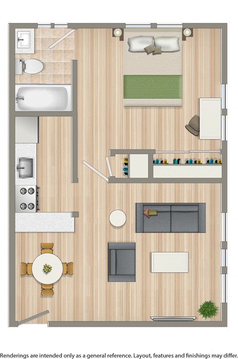 one bedroom apartment floor plan rendering at pleasant hills village apartments in washington dc